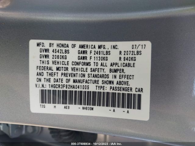 1HGCR3F92HA041005 Honda Accord Sedan Touring