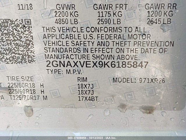 Chevrolet EQUINOX LT 2019 2GNAXVEX9K6185847 Image 9