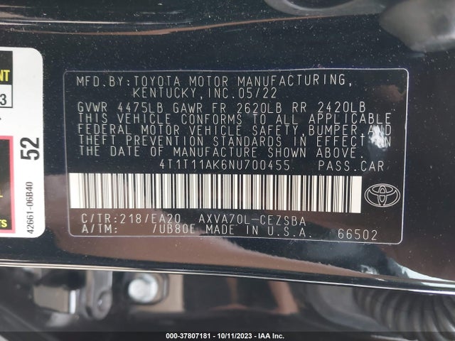 Toyota CAMRY SE 2022 4T1T11AK6NU700455 Image 9