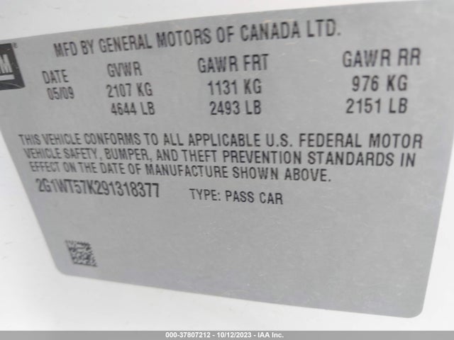 2009 CHEVROLET IMPALA 3.5L LT VIN: 2G1WT57K291318377