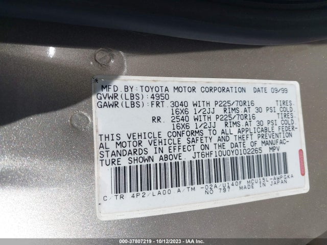 2000 LEXUS RX 300 VIN: JT6HF10U0Y0102265