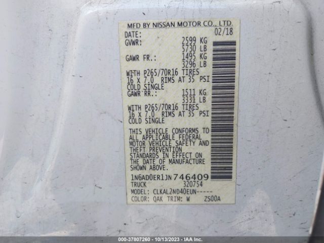 1N6AD0ER1JN746409 Nissan Frontier Sv V6
