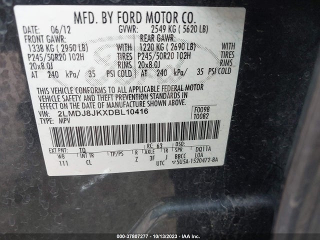 2013 LINCOLN MKX VIN: 2LMDJ8JKXDBL10416