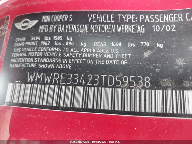 2003 MINI COOPER HARDTOP WMWRE33423TD59538 Photo 8