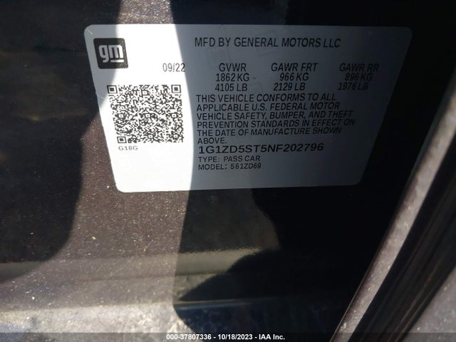 2022 CHEVROLET MALIBU LT VIN: 1G1ZD5ST5NF202796