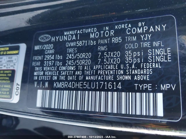 2020 Hyundai Palisade Sel მანქანა იყიდება აუქციონზე, vin: KM8R4DHE5LU171614, აუქციონის ნომერი: 37807408