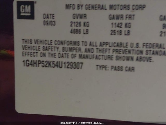 2004 BUICK LESABRE CUSTOM VIN: 1G4HP52K54U129307