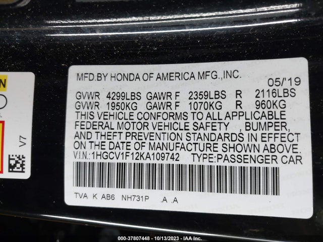 Honda ACCORD LX 2019 1HGCV1F12KA109742 Image 9