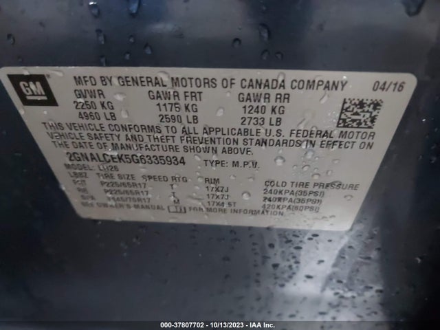 Chevrolet EQUINOX LT 2016 2GNALCEK5G6335934 Image 9