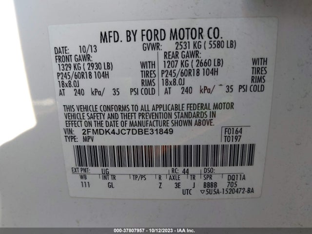 2013 FORD EDGE SEL VIN: 2FMDK4JC7DBE31849