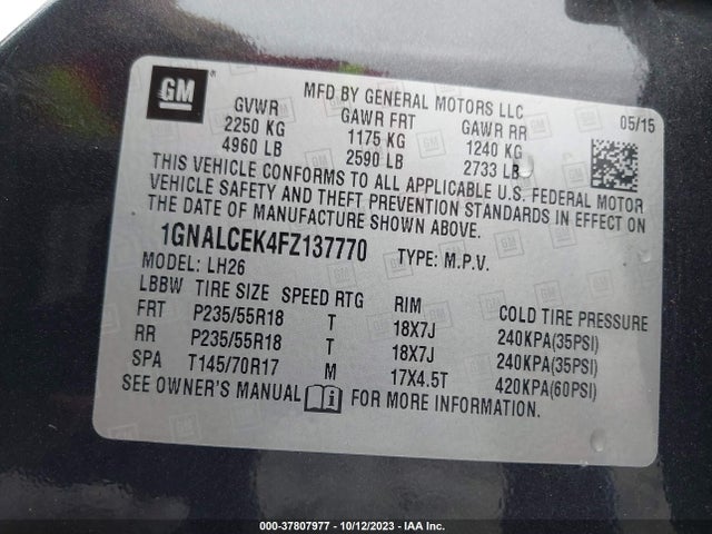 Chevrolet Equinox 2lt 2015 1GNALCEK4FZ137770 Image 9