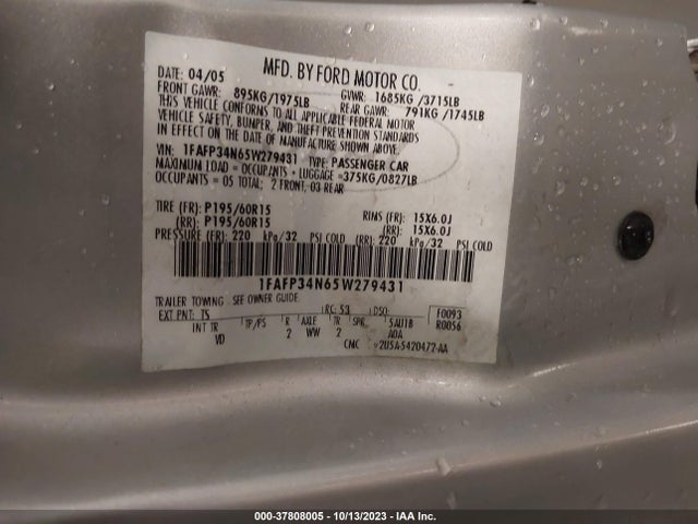 2005 FORD FOCUS SE VIN: 1FAFP34N65W279431