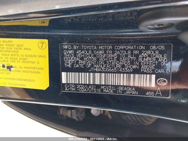 2006 LEXUS ES 330 VIN: JTHBA30G665143369