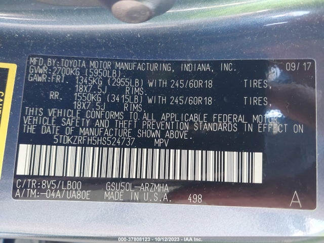 Toyota Highlander Xle/se 2017 5TDKZRFH5HS524737 Image 9