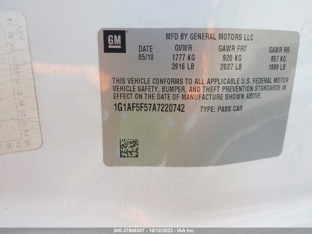 2010 CHEVROLET COBALT LT VIN: 1G1AF5F57A7220742