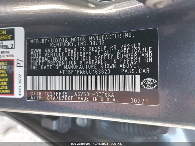 2012 TOYOTA CAMRY L/LE/SE/XLE VIN: 4T1BF1FK6CU163623