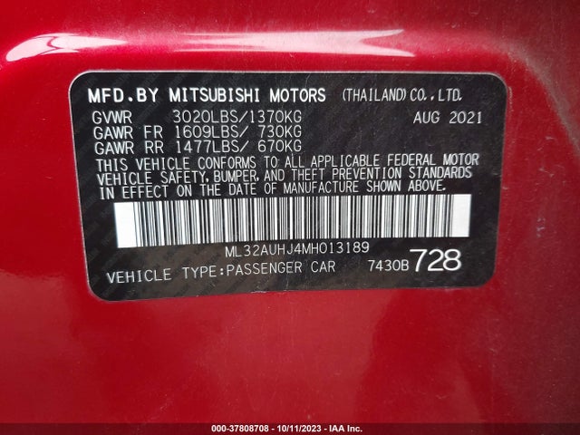 2021 MITSUBISHI MIRAGE ES/LE/CARBONITE EDITION VIN: ML32AUHJ4MH013189