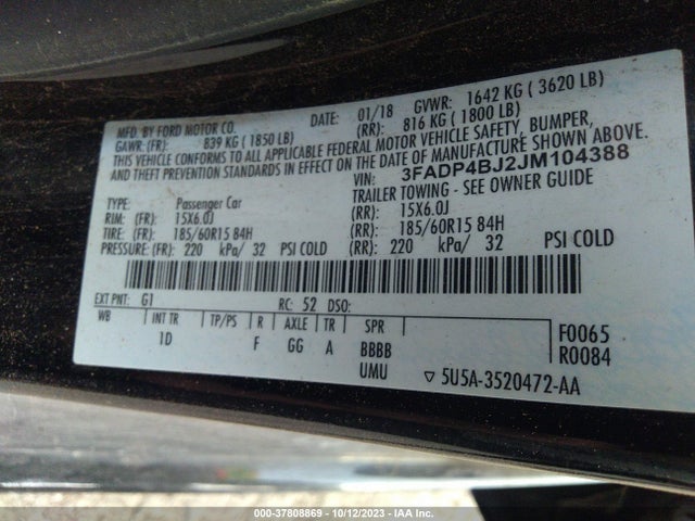 2018 FORD FIESTA SE VIN: 3FADP4BJ2JM104388