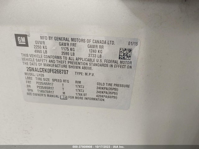 Chevrolet EQUINOX LT 2015 2GNALCEK0F6268707 Image 9