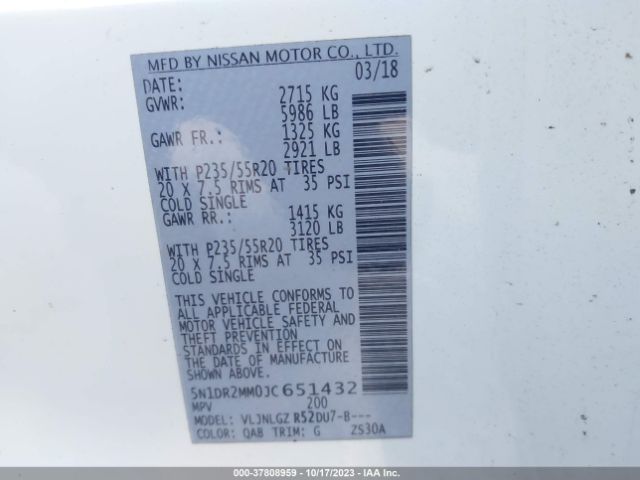 5N1DR2MM0JC651432 Nissan Pathfinder Sl