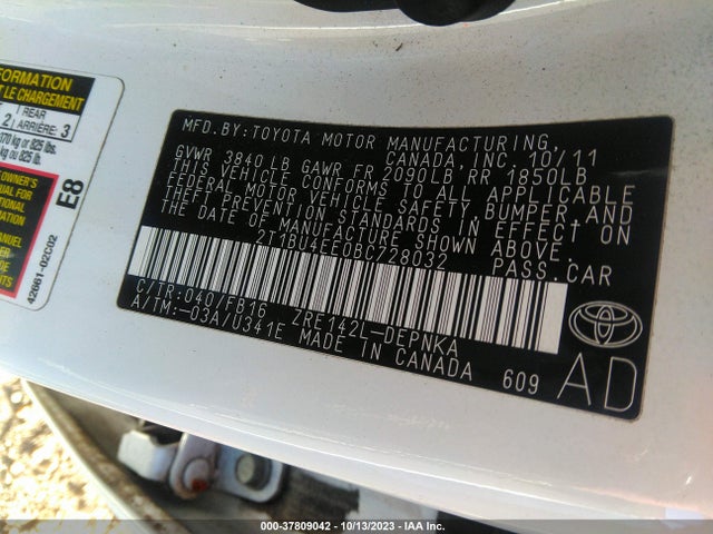 2011 TOYOTA COROLLA L/LE/S VIN: 2T1BU4EE0BC728032