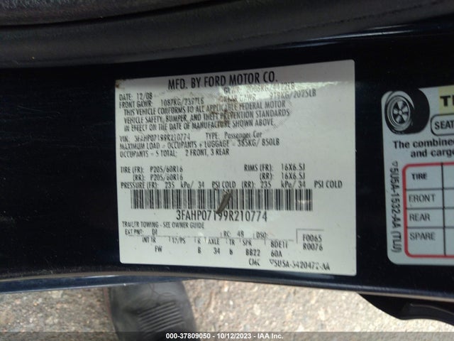 2009 FORD FUSION SE VIN: 3FAHP07199R210774