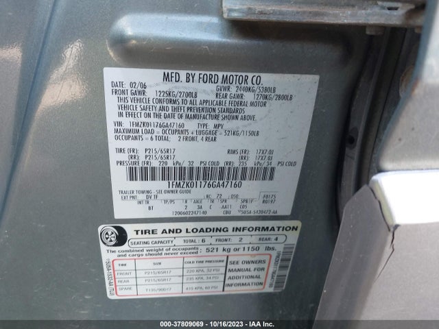 2006 FORD FREESTYLE SE VIN: 1FMZK01176GA47160