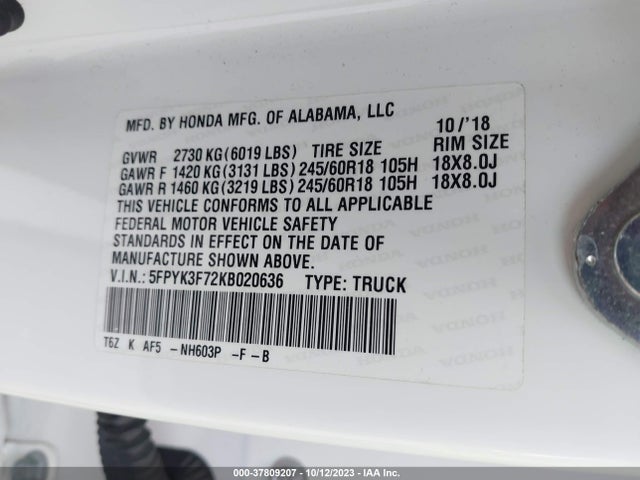 Honda Ridgeline Rtl-e 2019 5FPYK3F72KB020636 Image 9