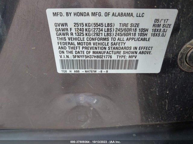 Honda Pilot Ex 2017 5FNYF5H37HB021776 Image 9