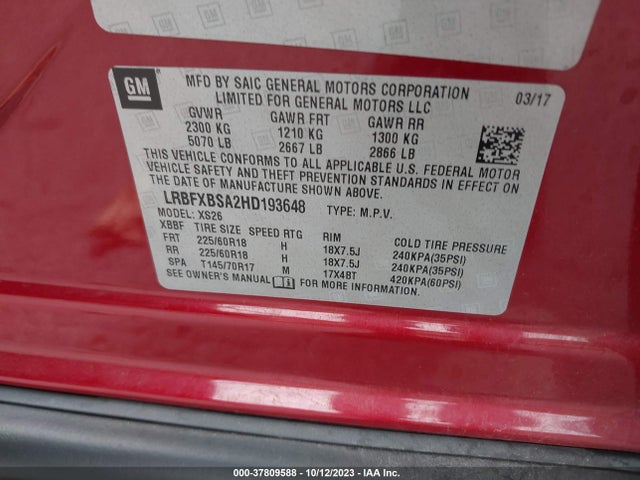 2017 BUICK ENVISION ESSENCE VIN: LRBFXBSA2HD193648