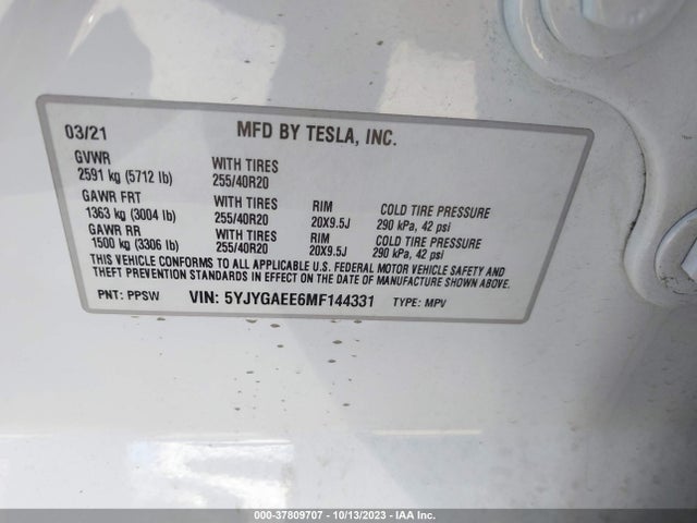 2021 TESLA MODEL Y LONG RANGE DUAL MOTOR ALL-WHEEL DRIVE VIN: 5YJYGAEE6MF144331
