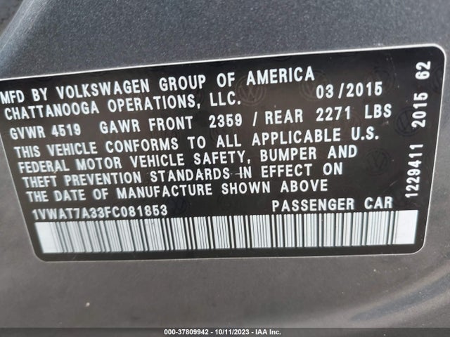 1VWAT7A33FC081853 Volkswagen Passat 1.8t Wolfsburg Ed