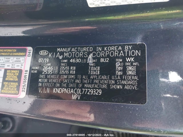 2020 KIA SPORTAGE EX VIN: KNDPN3AC0L7729329