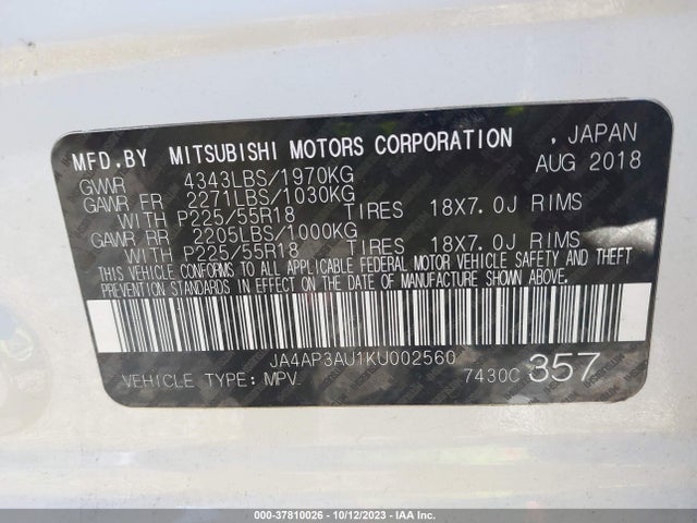 JA4AP3AU1KU002560 Mitsubishi Outlander Sport Es 2.0
