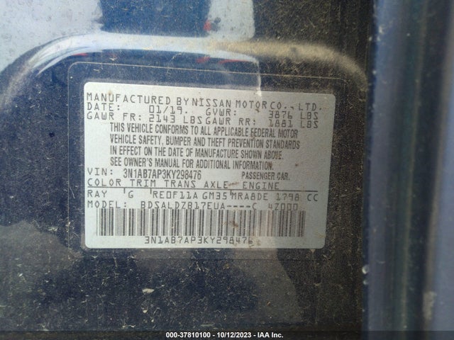 2019 NISSAN SENTRA SV VIN: 3N1AB7AP3KY298476
