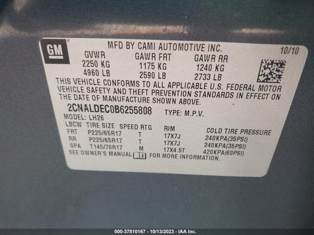2011 CHEVROLET EQUINOX LT W/1LT VIN: 2CNALDEC0B6255808