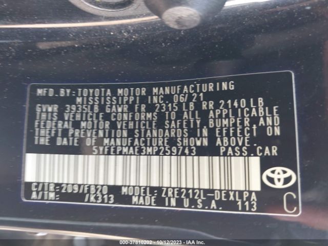 5YFEPMAE3MP259743 Toyota COROLLA LE