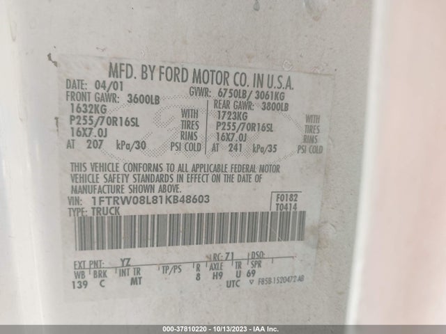 2001 FORD F-150 SUPERCREW XLT/LARIAT/KING RANCH VIN: 1FTRW08L81KB48603