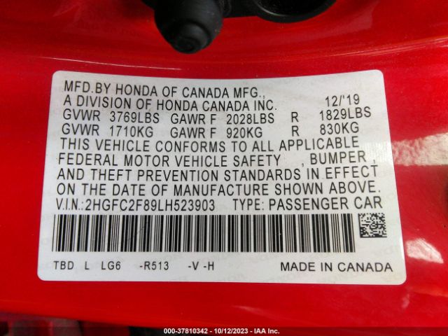 2HGFC2F89LH523903 Honda Civic Sedan Sport
