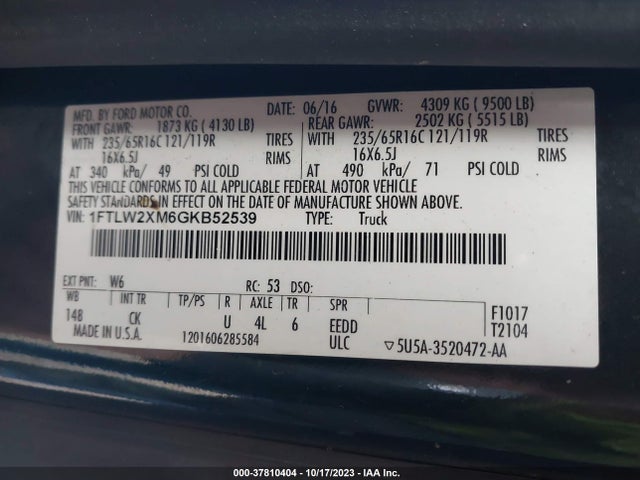 2016 Ford Transit-350 მანქანა იყიდება აუქციონზე, vin: 1FTLW2XM6GKB52539, აუქციონის ნომერი: 37810404