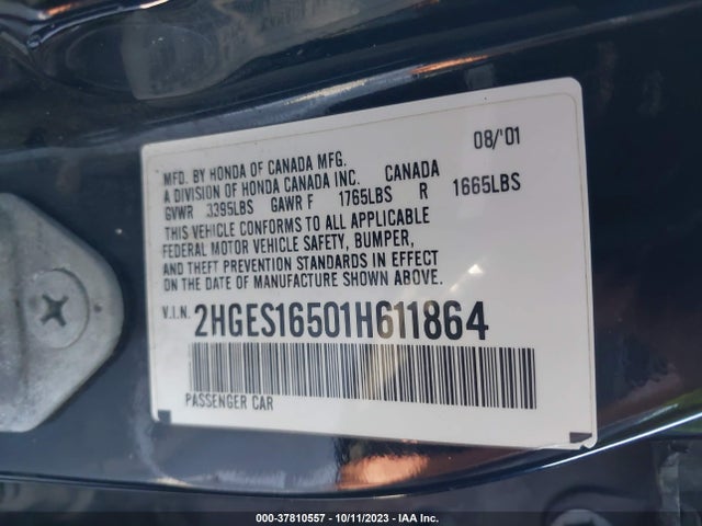 2001 HONDA CIVIC LX VIN: 2HGES16501H611864