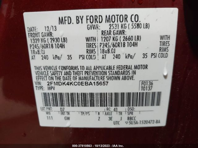 2FMDK4KC0EBA15657 Ford Edge Limited