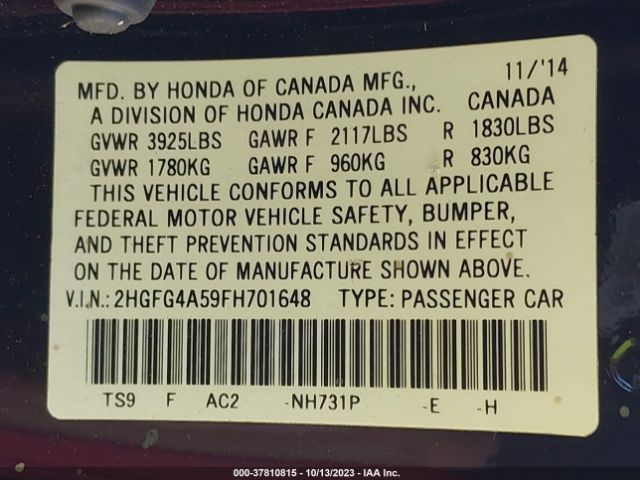 2HGFG4A59FH701648 Honda Civic Coupe Si