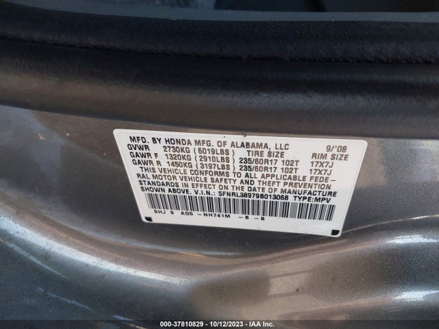 2009 HONDA ODYSSEY TOURING VIN: 5FNRL38979B013068