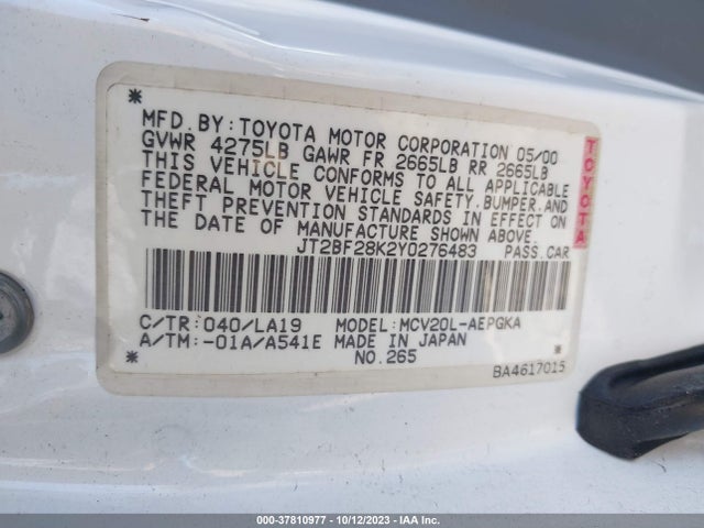 2000 TOYOTA CAMRY LE/XLE VIN: JT2BF28K2Y0276483