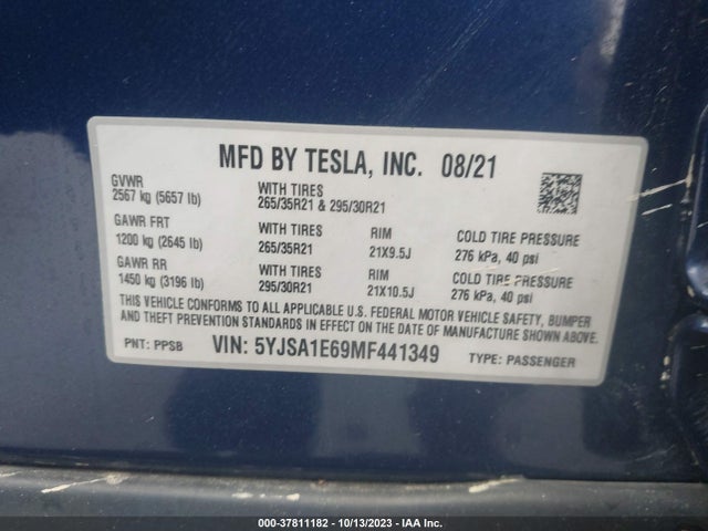 Tesla Model S Plaid 2021 5YJSA1E69MF441349 Image 9