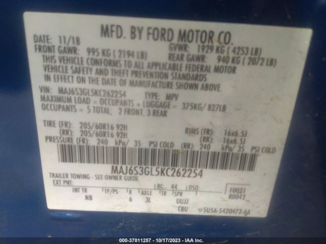 MAJ6S3GL5KC262254 Ford Ecosport Se