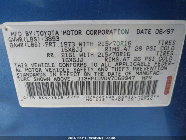 Aukcja sprzedaży 1997 Toyota Rav4, vin: JT3HP10V0V7068947, numer aukcji: 37811314