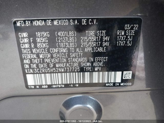 3CZRU5H52NM737725 Honda Hr-v 2wd Ex