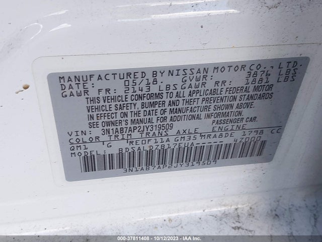 2018 NISSAN SENTRA SV VIN: 3N1AB7AP2JY319509